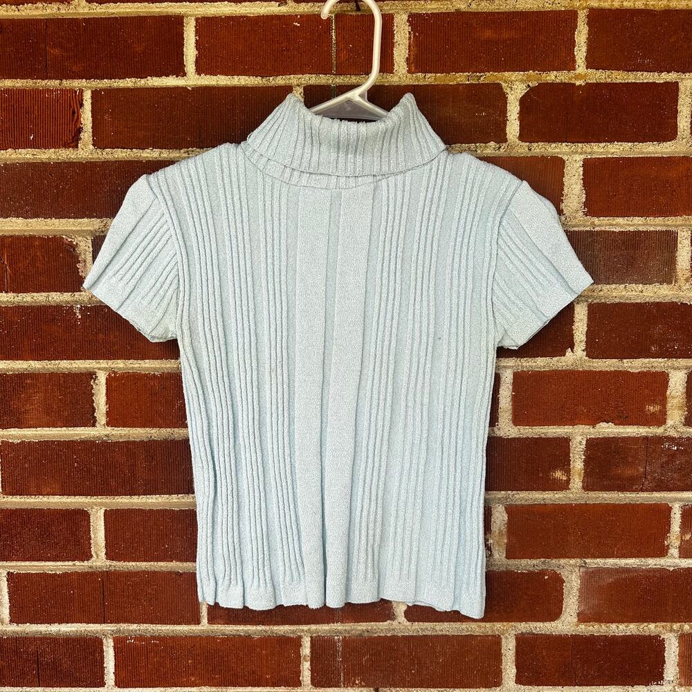 Y2K Rave Stretch Baby Blue Ribbed Mock Neck Short Sleeve Top Large